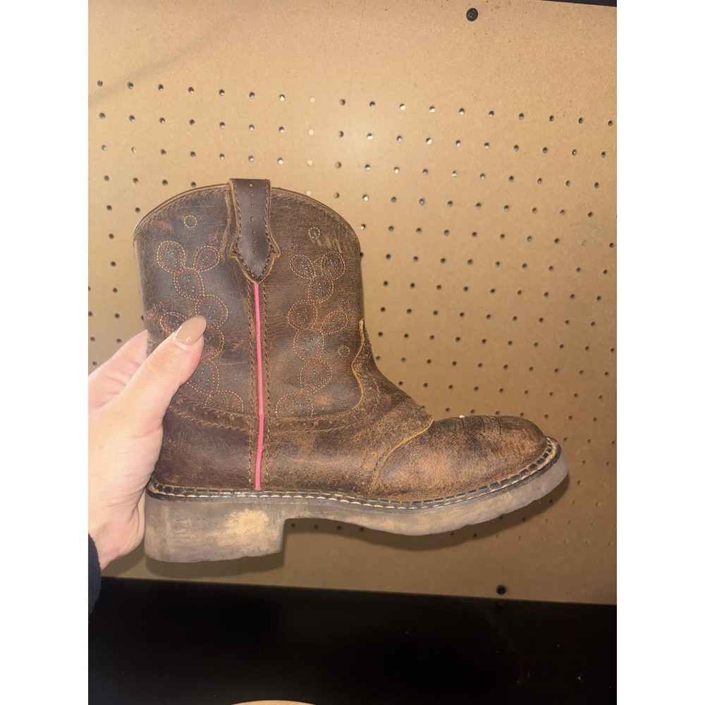 Justin Glitzi Cowgirl Western Boots Girls 1 D Leather Brown Pink JK9915 Light Up - Picture 5 of 7